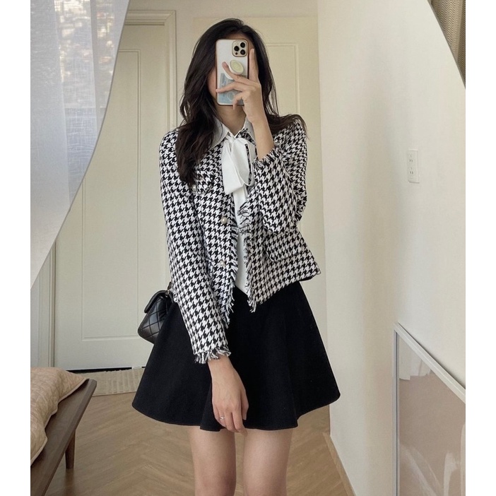 Set áo dạ Tweed kèm Áo sơ ki trắng buộc nơ Hàn Quốc
