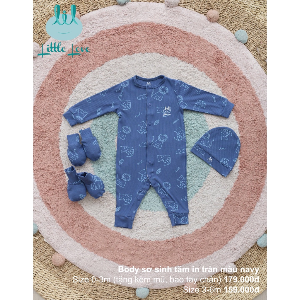 Bộ body dài tay liền thân chất liệu vải tăm in tràn cho trẻ từ 0-6m little love
