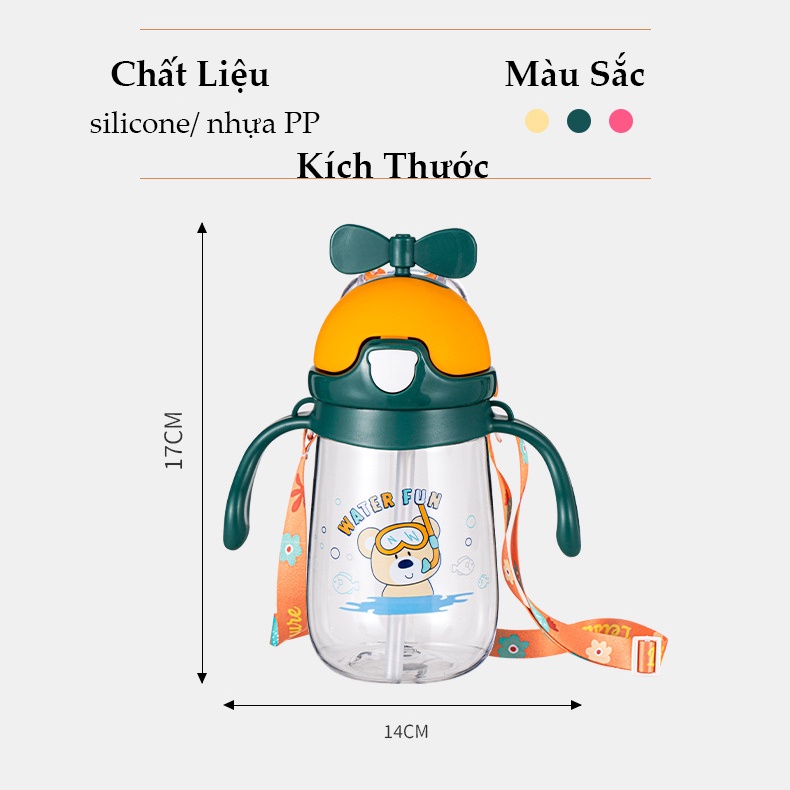 Bình nước cho bé có ống hút cute 350ml, bình hút nước cho bé có dây đeo hình chong chóng A16