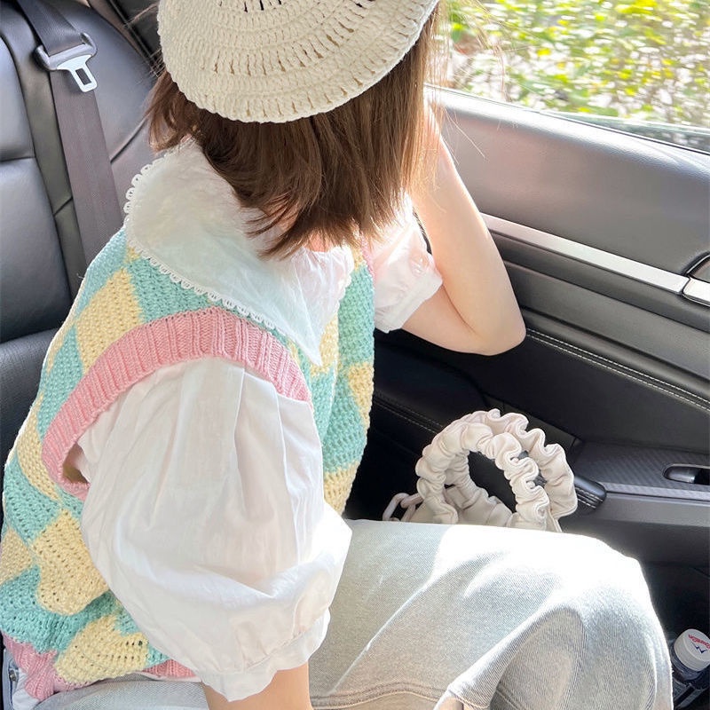 Áo Dệt Kim Sát Nách Sọc Ca Rô Phối Màu Tương Phản Cá Tính Thời Trang Hàn Quốc Cho Nữ