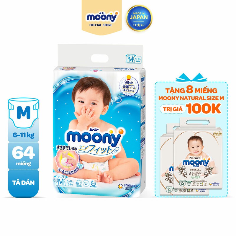 [Mã MOONN0404 -10% ĐH500k][Tặng 8 Miếng Moony Natural] Tã Dán Moony Cao Cấp NB90/S84/M64/L54