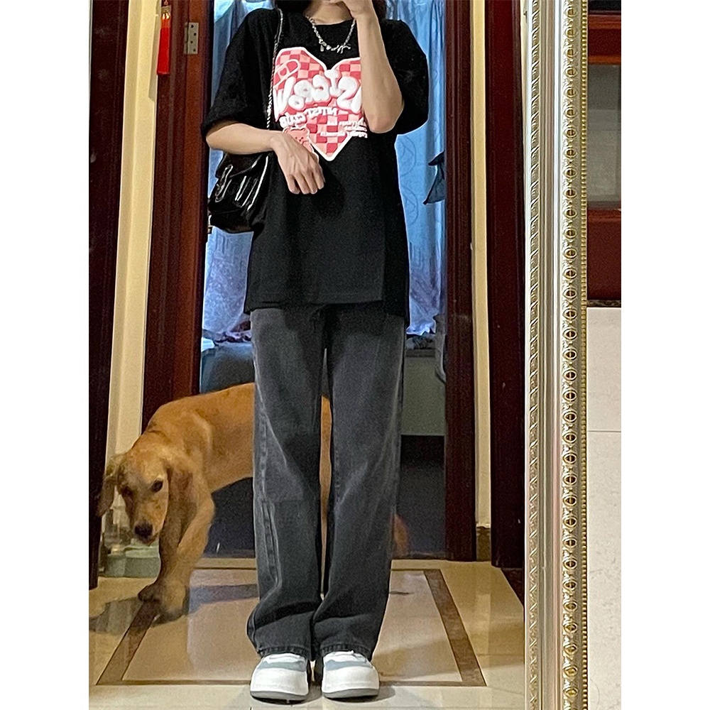 Quần jean nữ ống rộng đen xám phong cách Ulzzang - Quần jeans baggy suông màu xám tro UF01