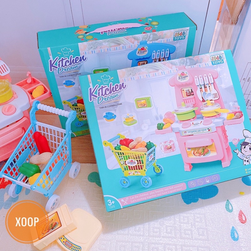 Đồ chơi cho bé gái, bé trai 2 3 4 5 6 tuổi, Bộ nấu ăn nhà bếp kèm xe đẩy Kitchen dream cho trẻ em.Đô chơi giáo dục