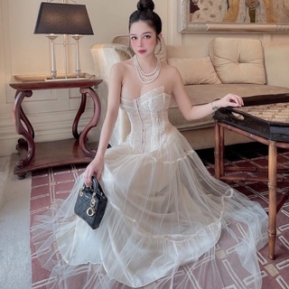 Set áo corset ren và chân váy ren lưới bồng bềnh tiểu thư