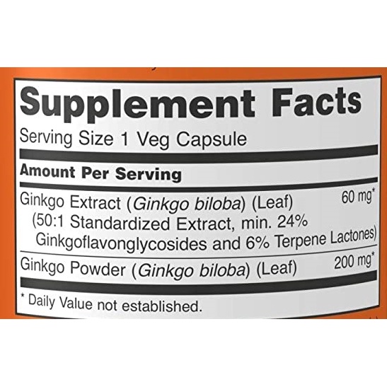 VEGAN - Viên uống Tuần hoàn máu não Ginkgo Biloba 60mg hộp 60 viên hãng Now Thuần Chay