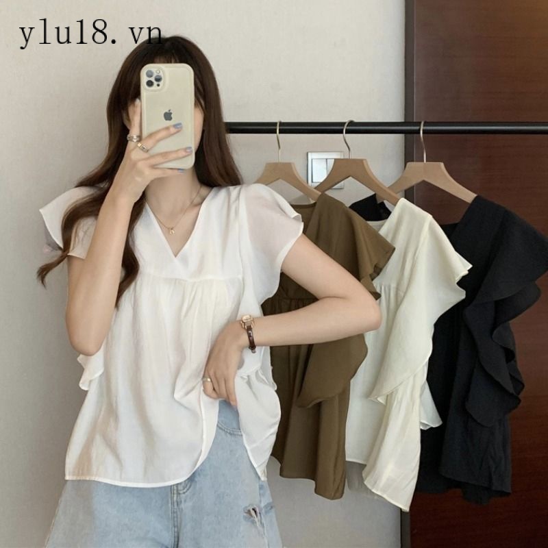 Hàng Có Sẵn Áo Sơ Mi Dáng Rộng Cổ Chữ V Tay Bay Thiết Kế Mới Mùa Hè Phong Cách Pháp Cổ Điển Sang Trọng Dành Cho Bạn Nữ