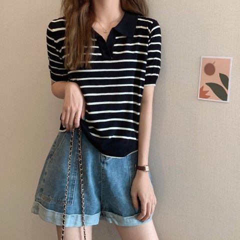 Áo Len Nữ Ngắn Tay Cổ Chữ v Kẻ Sọc Ngang Thời Trang Hàn Mới