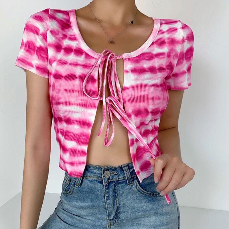 Xiangbao Áo Croptop Dệt Kim Ngắn Tay Cổ Tròn In Màu Nhuộm Gradient Cột Dây Phía Trước Mùa Hè Cho Nữ