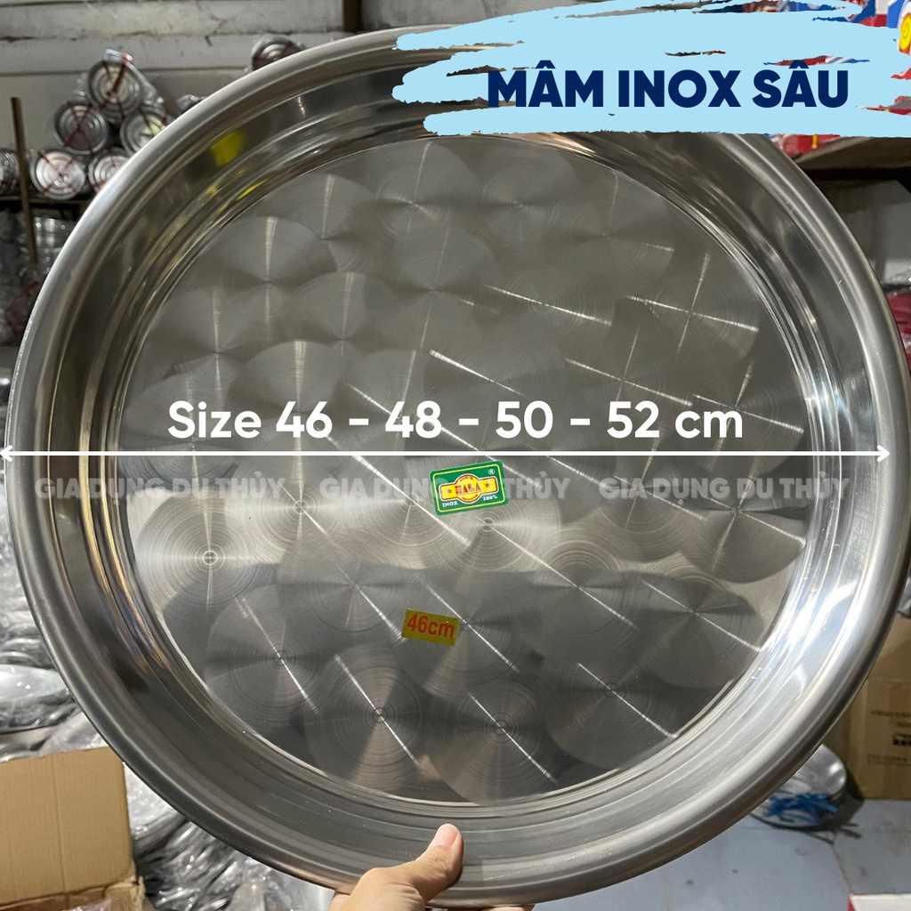 Mâm inox tròn size 44 - 52 cm, dùng làm mâm phục vụ, mâm đựng cơm canh chất liệu inox sáng bóng của gia dụng du thủy