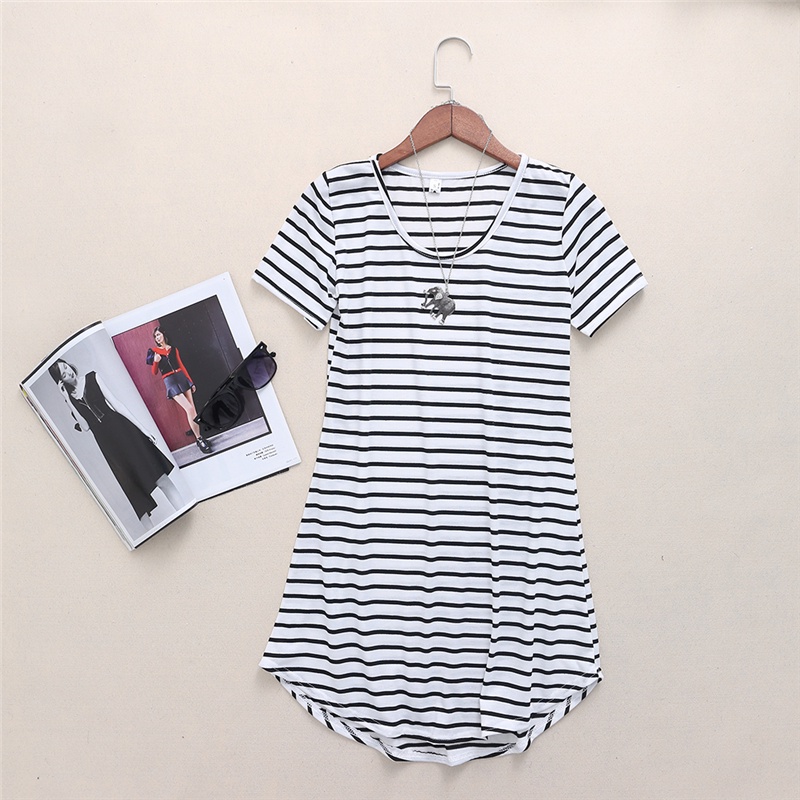 Đầm Thun Ngắn Tay Cổ Tròn Dáng Rộng Họa Tiết Kẻ Sọc Thời Trang Mùa Hè Cho Nữ