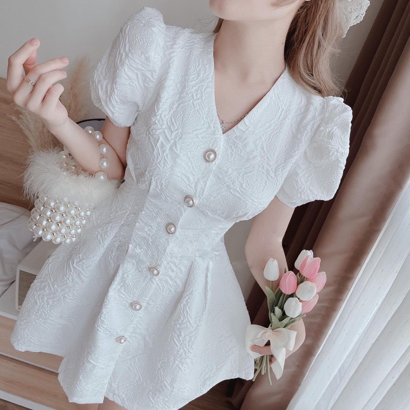 Váy xốp gấm Forgirl basic cổ V tay bồng hở lưng phối cúc ngọc phong cách Hàn quốc