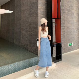 Chân váy jeans dài xẻ tà Ulzang