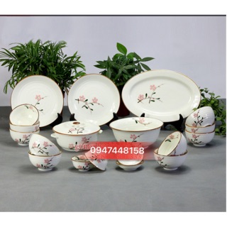 Bộ đồ ăn men kem vẽ hoa đào 19 món