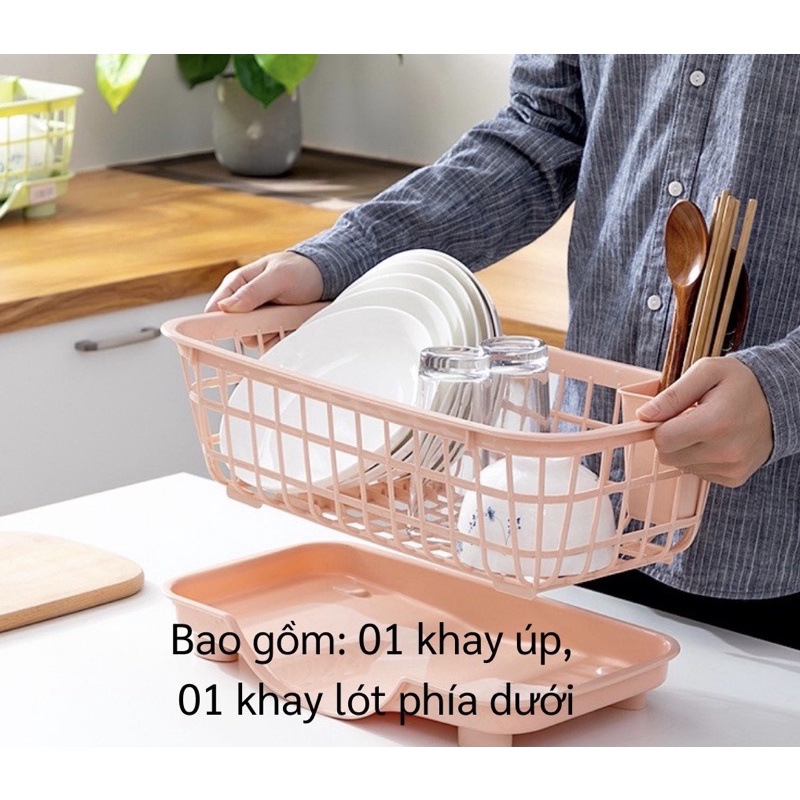 Khay Úp Chén Bát - Kệ Rổ Để Chén Dĩa Có Hũ Đựng Đũa, Muỗng Và Khay Hứng Nước