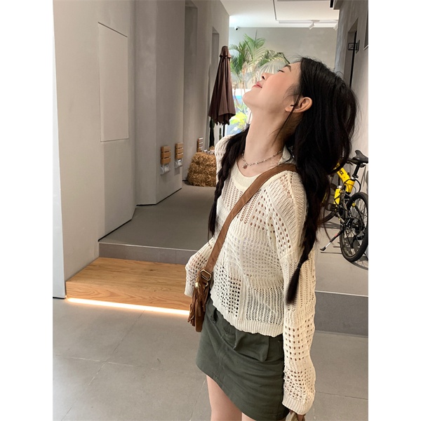 Áo QADCOL tay dài cổ tròn thiết kế rỗng phong cách dễ phối đồ thời trang mùa hè