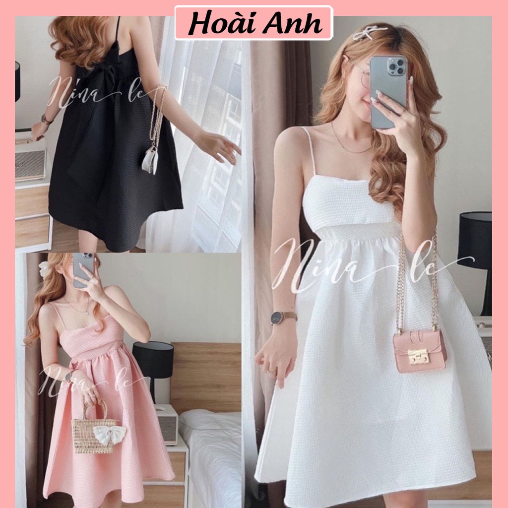 Đầm Hai Dây Nữ Nơ Lưng Váy 2 Dây Nữ Hở Lưng Dáng Xòe Chất Vải Xốp Freesize