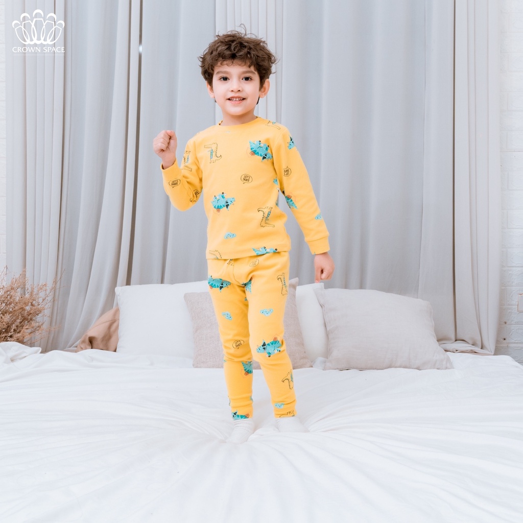 Bộ Mặc Nhà Dài Tay Bé Trai Crown Space Cao Cấp Vàng Pastel - Cotton Thoáng Mát Hình Khủng Long CKBL5911708 Size 19-27Kg