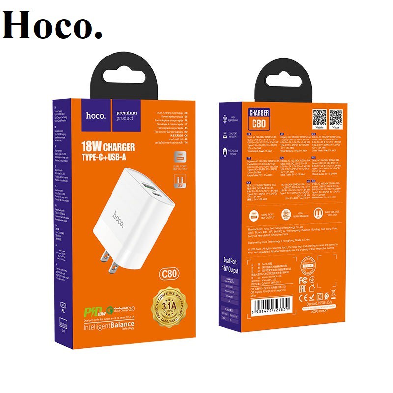 Hoco C80 Củ Sạc Nhanh 18w Power Delivery + QC3.0 - Hàng Chính Hãng