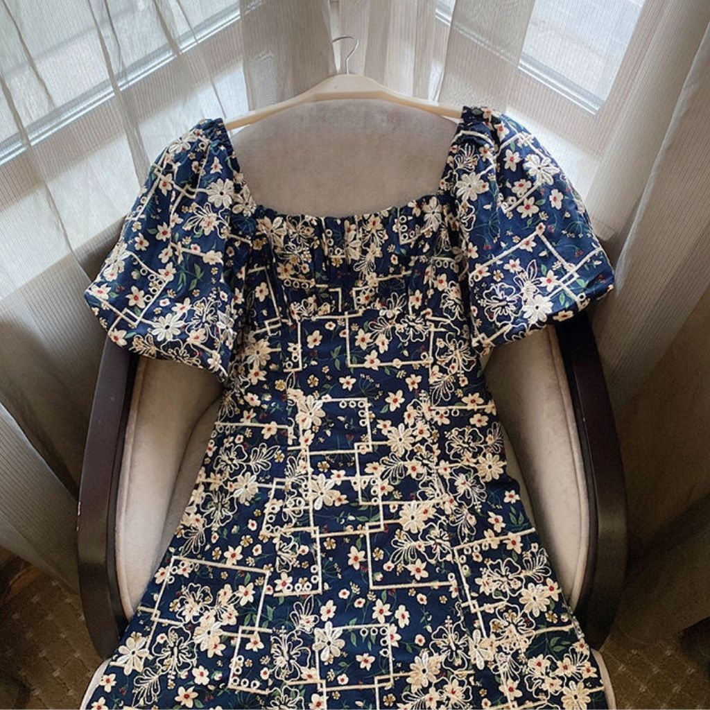 Đầm hoa nhí , váy chữ a ngắn , cổ vuông , tay bồng tiểu thư phong cách Hàn Quốc | BigBuy360 - bigbuy360.vn