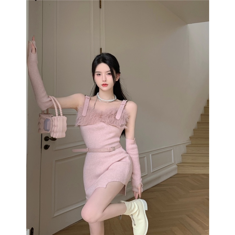 Đầm Dệt Kim Hai Dây Phối Lông Thời Trang Thu Đông 2022