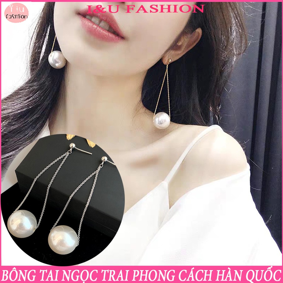 Khuyên tai nữ bông tai nữ dáng dài chất liệu kim loại sợi dây xích mảnh hạt ngọc t.rai to thời trang sang chảnh KT-78