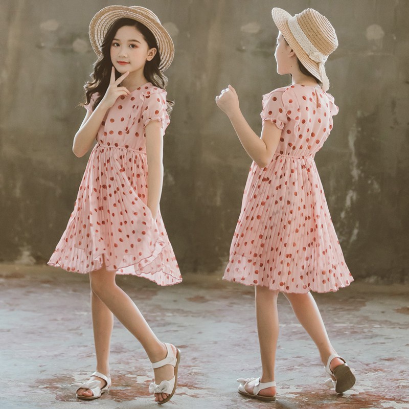 Đầm xòe tay bo phồng họa tiết chấm bi làm bằng vải chiffon dành cho bé gái - SIÊU HOT