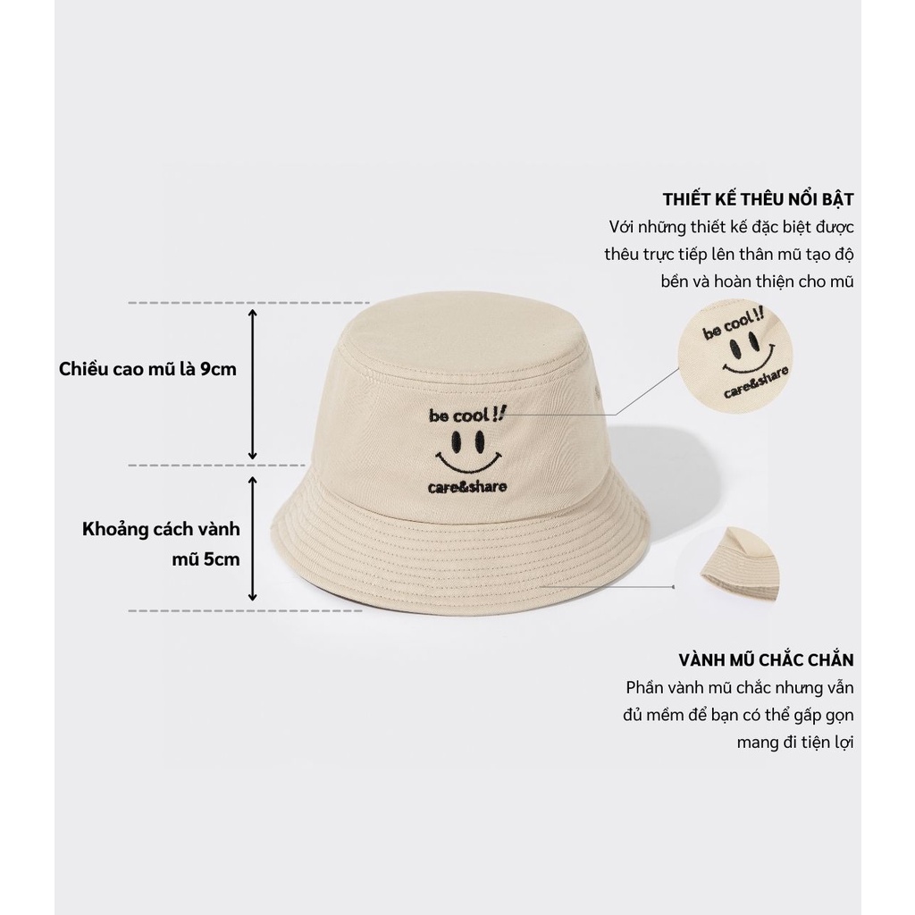 Mũ Bucket Hat thêu Be Cool!! Care &amp; Share màu be thương hiệu Coolmate