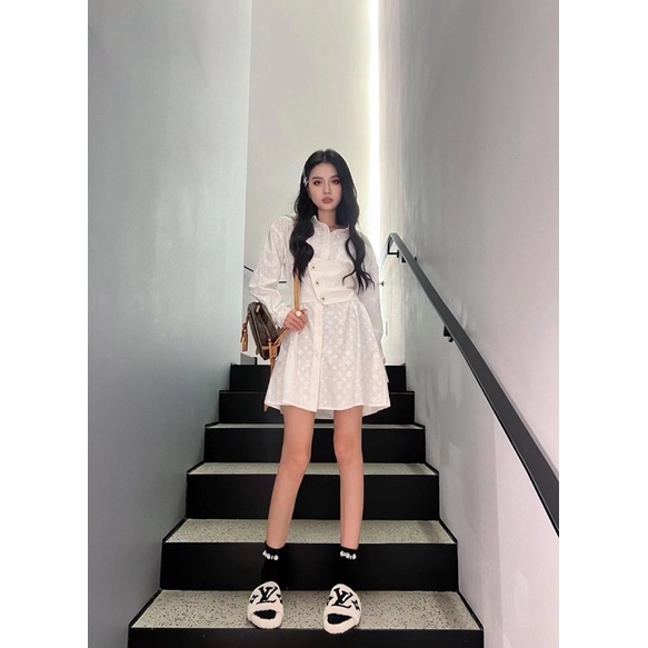 Váy sơ mi dài tay thiết kế mới đai thắt eo bản to có thể tháo rời Louis Vuitton LV cao cấp