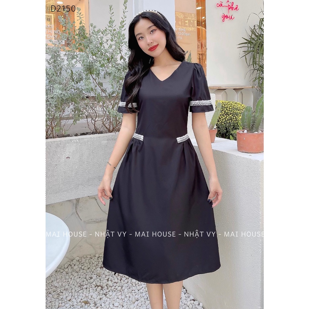Đầm Nữ NHẬT VY Cổ V Phối Viền Trắng Tay Ngắn Chất Lụa Công Sở Màu Nâu, Xanh, Đen - D2150
