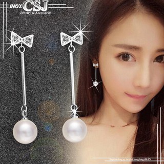 Bông tai inox nữ thời trang nơ cách điệu ngọc trai xinh xắn màu trắng không đen