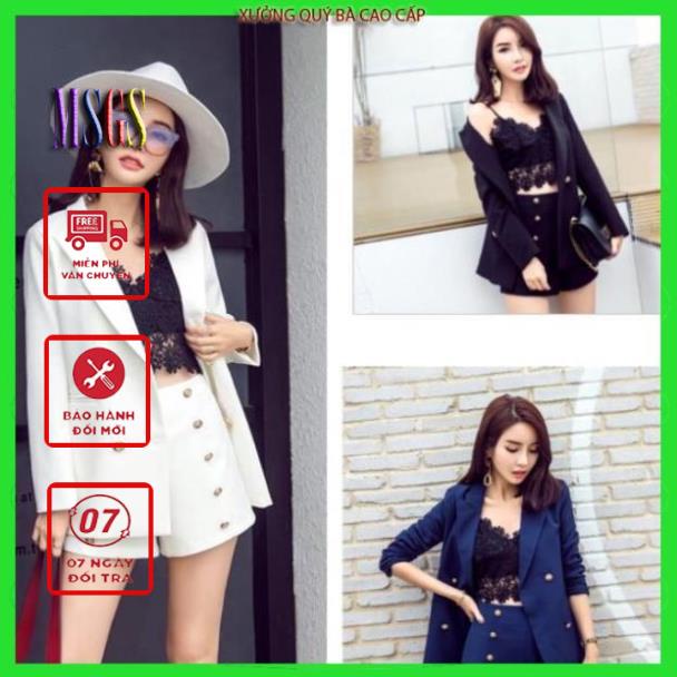 SHOP DẠ HỘI Set vest ngắn đính nút cao cấp tặng hoa tai thời trang