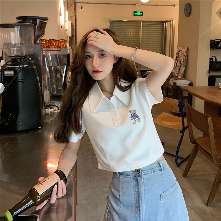 Áo thun polo ZHELIHANGFEI dệt kim tay ngắn in hình gấu dễ thương cho nữ