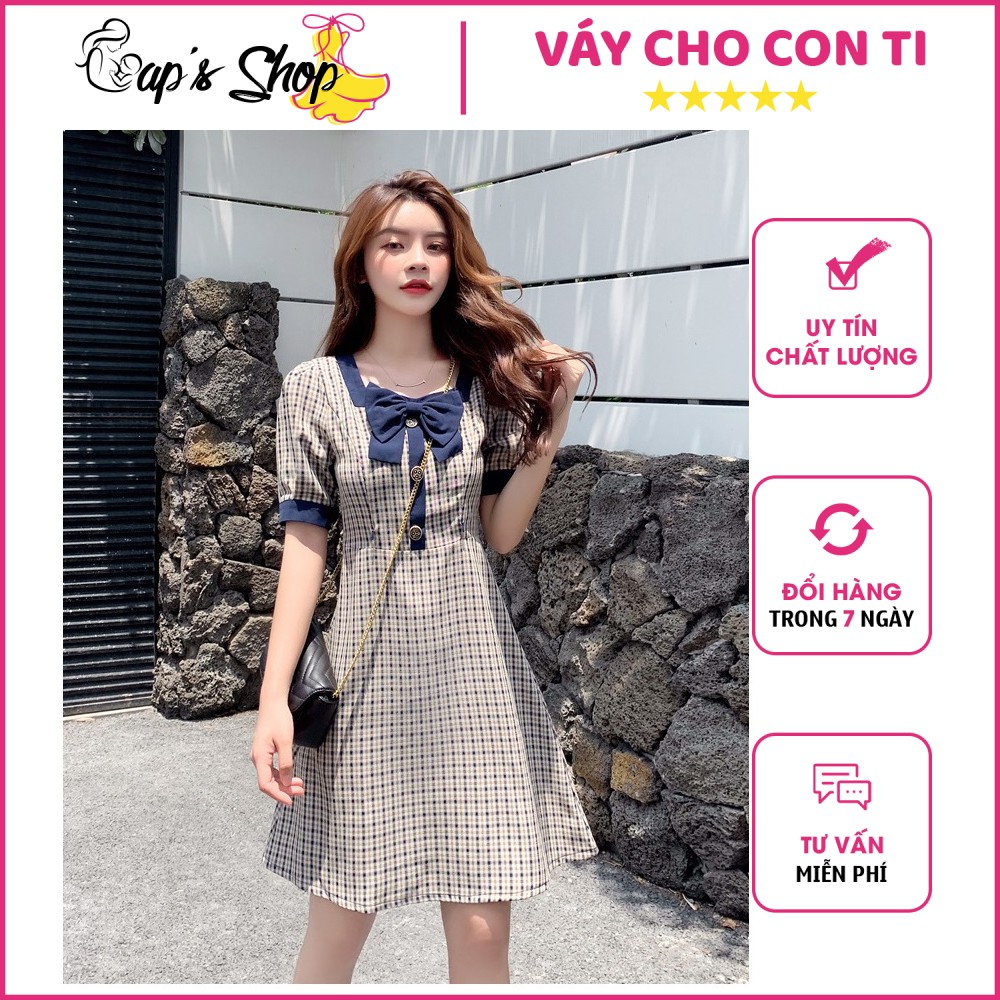 Váy cho con bú, họa tiết kẻ caro, cổ nơ trẻ trung, dáng xòe A thon gọn