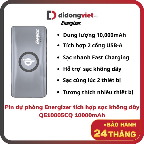 Pin dự phòng Energizer tích hợp sạc không dây QE10005CQ 10000 mAh