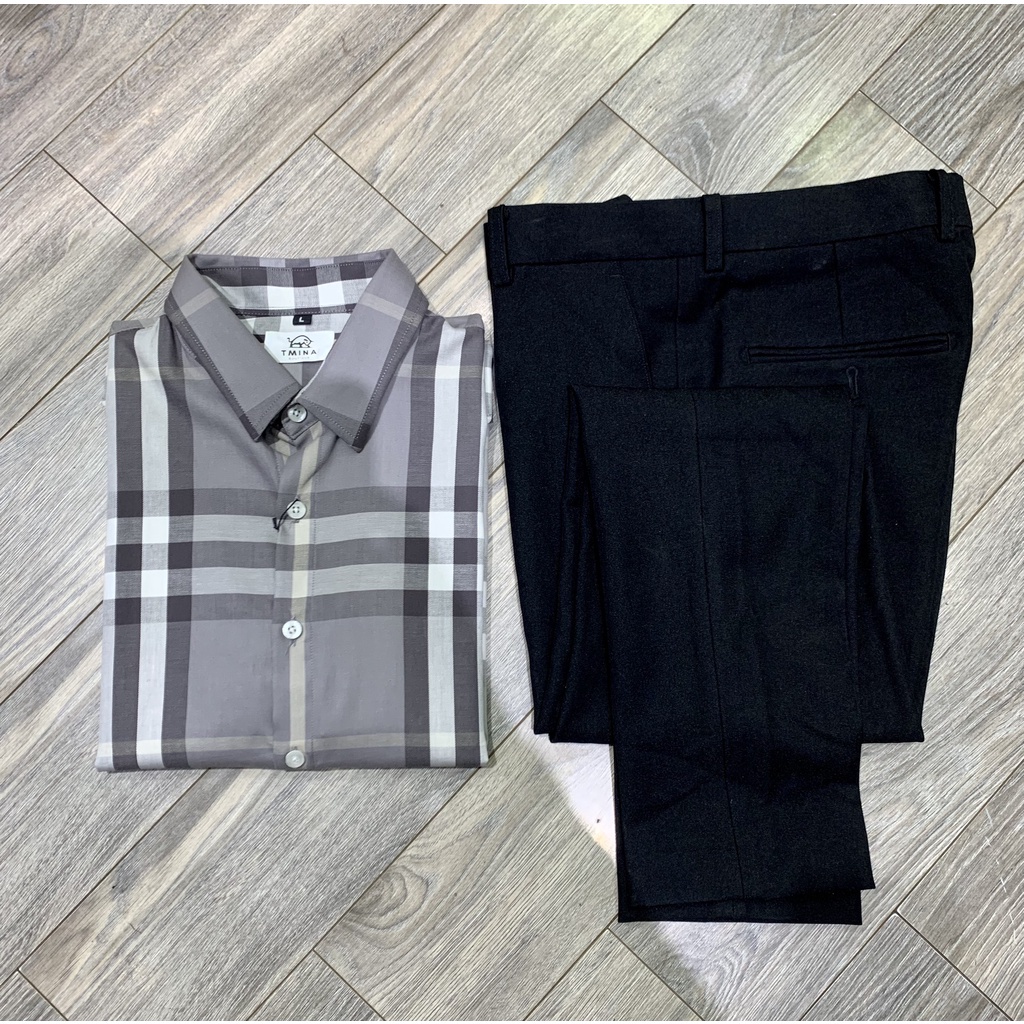 Áo sơ mi BBR ngắn tay họa tiết kẻ nhỏ chất cotton xịn màu ghi sáng