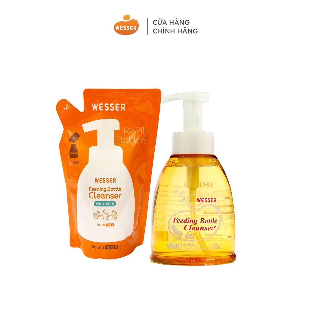Nước rửa bình sữa, hoa quả WESSER 500ml cho bé cưng dạng chai có vòi tiện lợi (Hàng chuẩn Công ty)