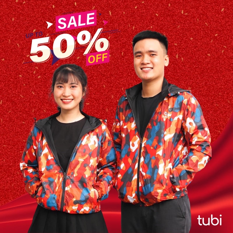 (Trượt Nước) Áo khoác Tubi 2 Mặt Màu Camo Cam Nón rời