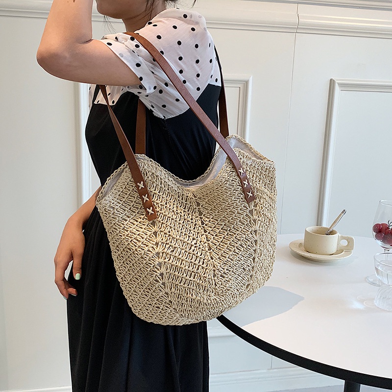 Túi cói Tote hình trái tim - dây da đeo vai - phong cách Vintage (mẫu mới)