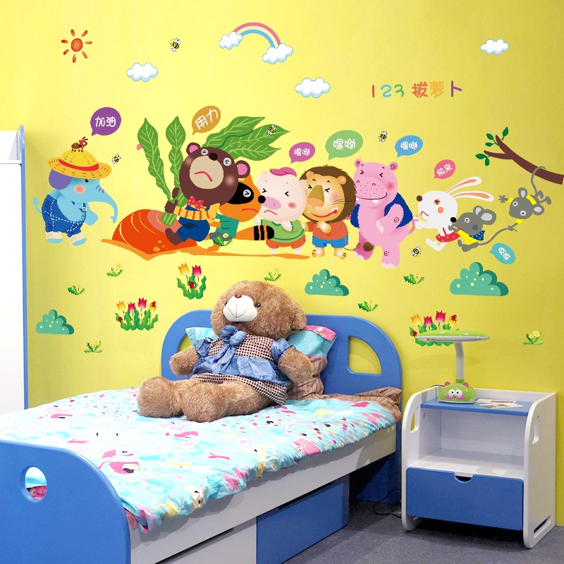 Decal dán tường đàn thú nhổ củ cải trang trí phòng cho bé