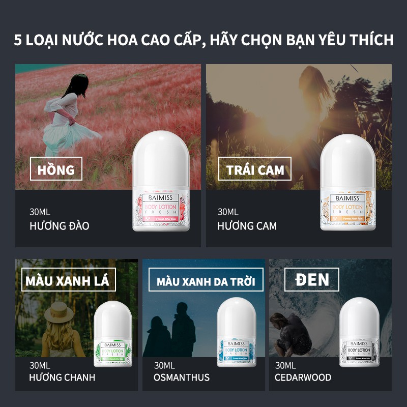 Chai Lăn Baimiss Khử Mùi 30ml 5 Loại Tùy Chọn Chống mồ hôi nách, ngăn tiết mồ hôi vào mùa hè