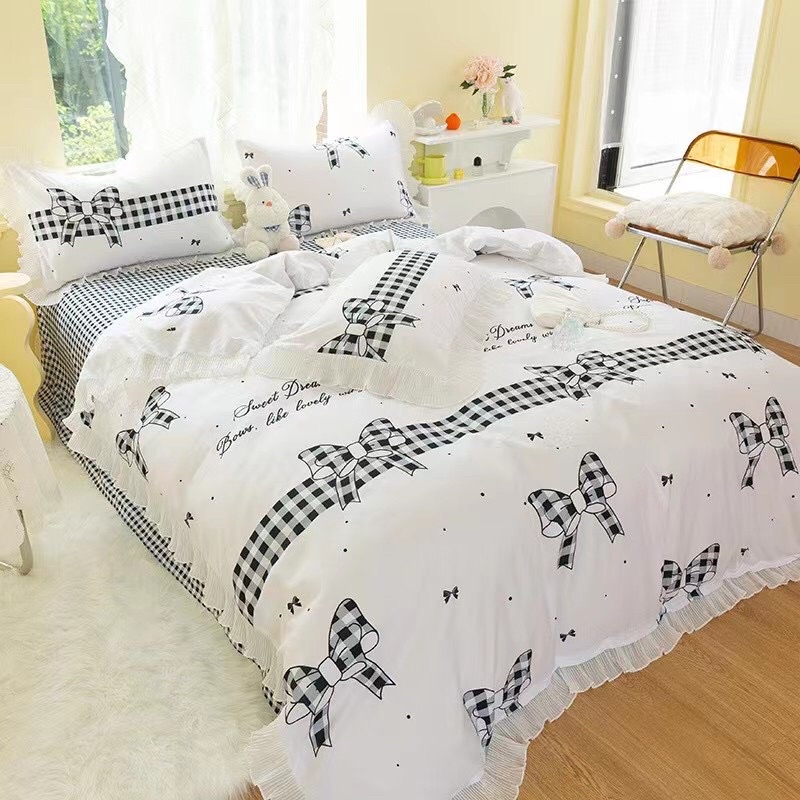 Freeship🌈Bộ chăn ga gối cotton tici bèo vintage nữ tính❤️set vỏ 4 món hàng nhập loại 1- may ga theo yêu cầu