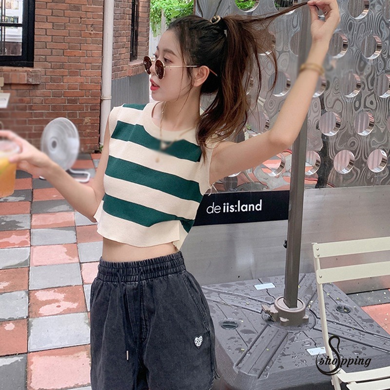 Áo Tank Top Dệt Kim Sát Nách Kẻ Sọc Phối Màu Tương Phản Thời Trang Mùa Hè Cho Nữ