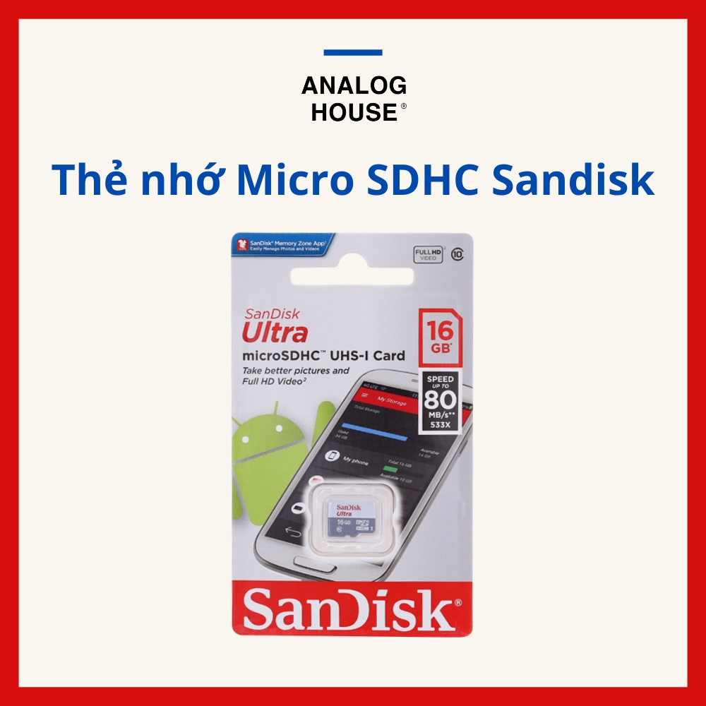 Thẻ nhớ MicroSD SanDisk Ultra 16GB dùng cho máy ảnh, điện thoại - tốc độ 80MB/s - BH 5 năm