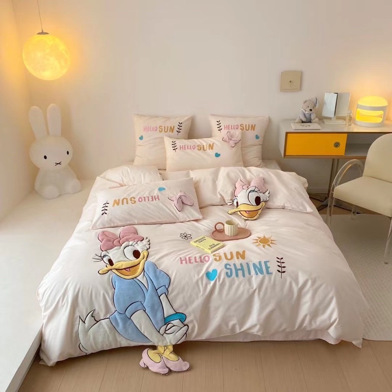 Bộ Chăn Ga Gối Cotton Linen Disney Nhập Khẩu 5 Món Dễ Thương