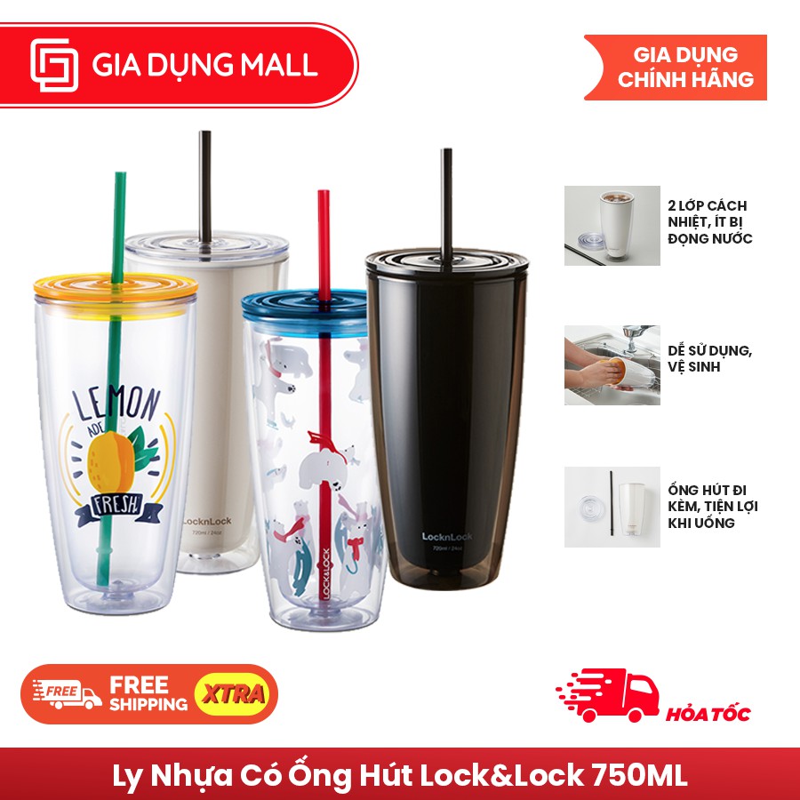 Ly nhựa cách nhiệt cực tốt 2 lớp LocknLock kèm ống hút HAP507 750ml - Kèm ống hút - Hàng Chính Hãng