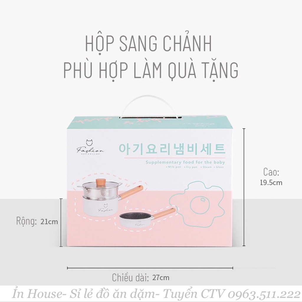 [CÓ TÁCH LẺ]Bộ nồi chảo đá nấu cháo,quấy bột kèm xửng hấp cho bé ăn dặm,bộ nồi chảo FASHION chống dính+quà tặng-Ỉn House
