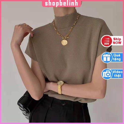 Áo len mịn chất mỏng vai hến tay ngắn, áo len cổ 3 phân mặc thu đông có thể mặc với áo blazer