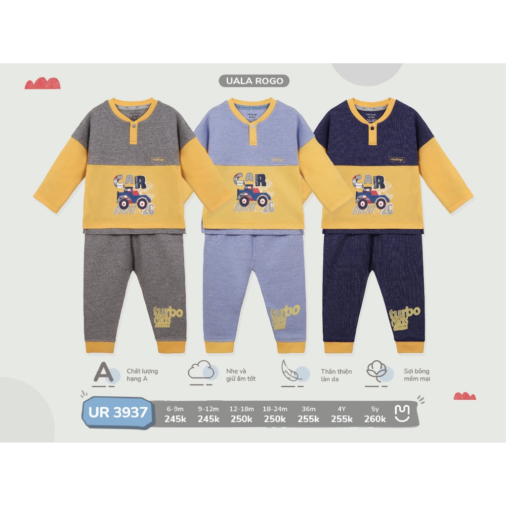 Bộ quần áo thu đông Ualarogo cho bé 6 tháng - 5 tuổi vải cotton cúc cổ bo ống thu đông giữ ấm 3937