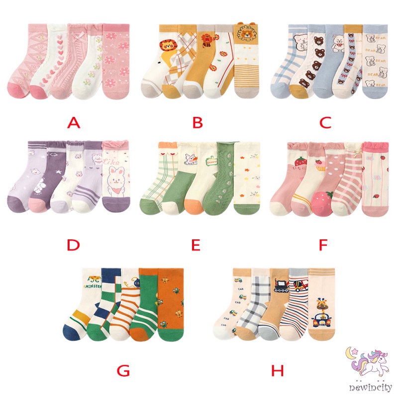 Set 5 Đôi Tất Cotton Dài Trung Bình Chống Trượt Chống Rơi Phong Cách Hàn Quốc Cho Bé