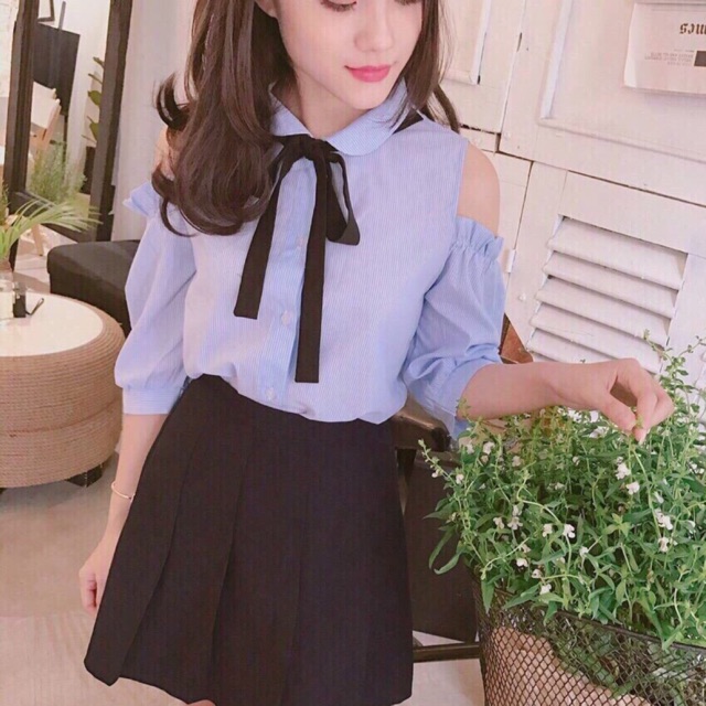 Áo sơ mi kate lụa phối nơ